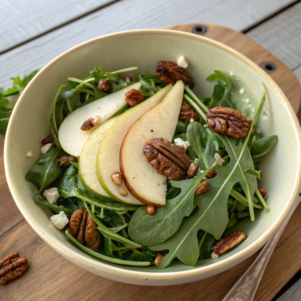 Salade de roquette, poires et noix de pécan