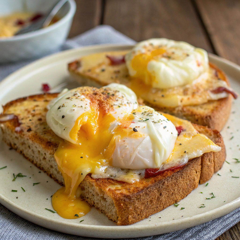Toast au fromage et œufs mollets