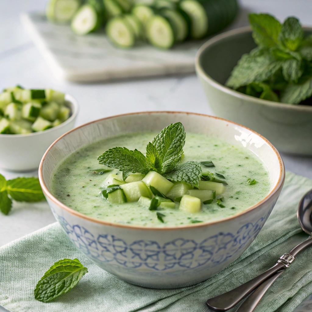 Soupe froide de concombre et yaourt à la menthe